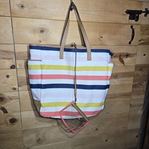 Coach Striped Tote Bag with Tan Handles